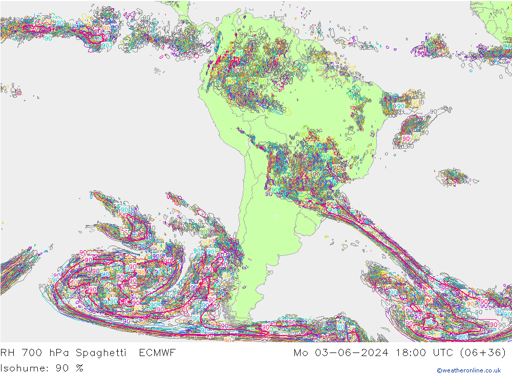 Humedad rel. 700hPa Spaghetti ECMWF lun 03.06.2024 18 UTC