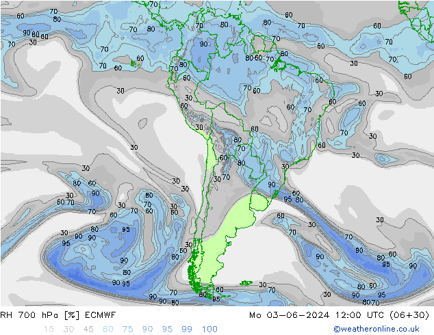 RH 700 hPa ECMWF pon. 03.06.2024 12 UTC