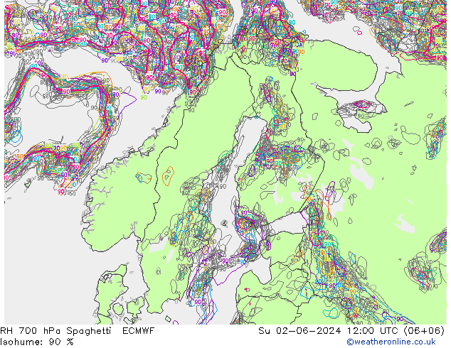 RH 700 hPa Spaghetti ECMWF Ne 02.06.2024 12 UTC