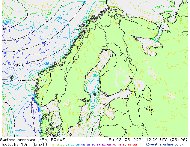 Isotachen (km/h) ECMWF So 02.06.2024 12 UTC