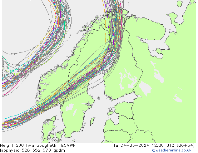 Height 500 hPa Spaghetti ECMWF Tu 04.06.2024 12 UTC