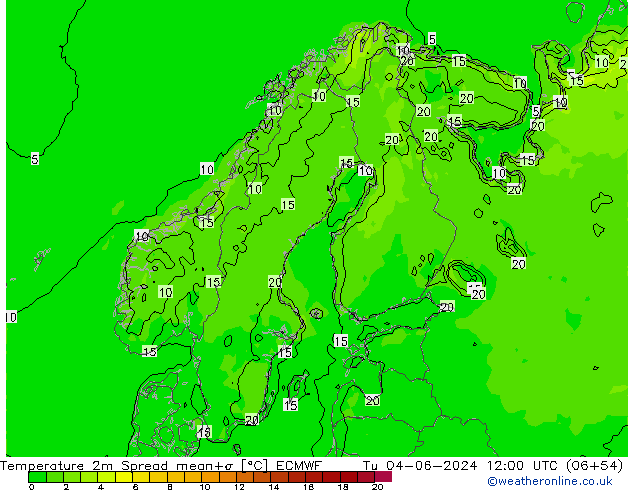 Temperature 2m Spread ECMWF Tu 04.06.2024 12 UTC