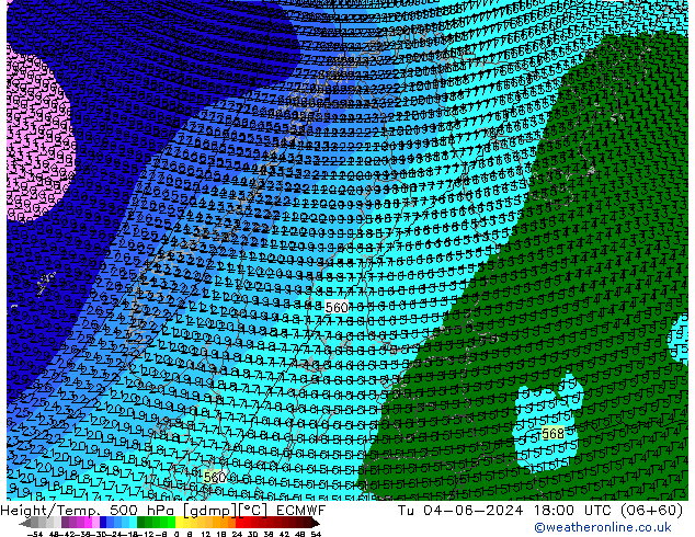 Height/Temp. 500 hPa ECMWF Út 04.06.2024 18 UTC