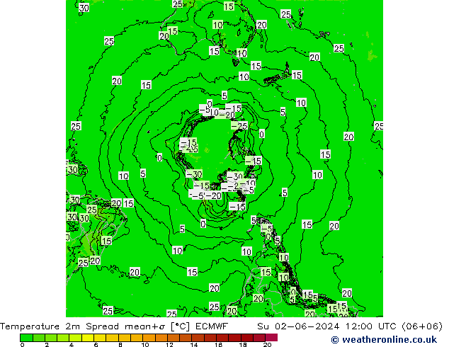 Temperatura 2m Spread ECMWF Dom 02.06.2024 12 UTC