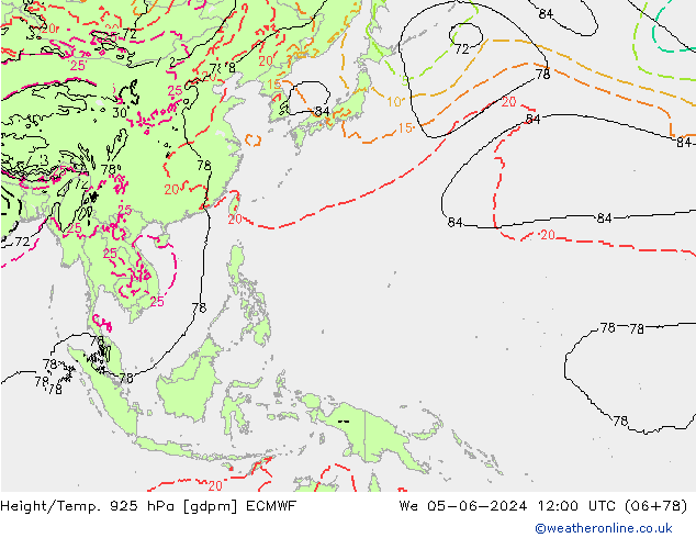 Height/Temp. 925 hPa ECMWF Qua 05.06.2024 12 UTC