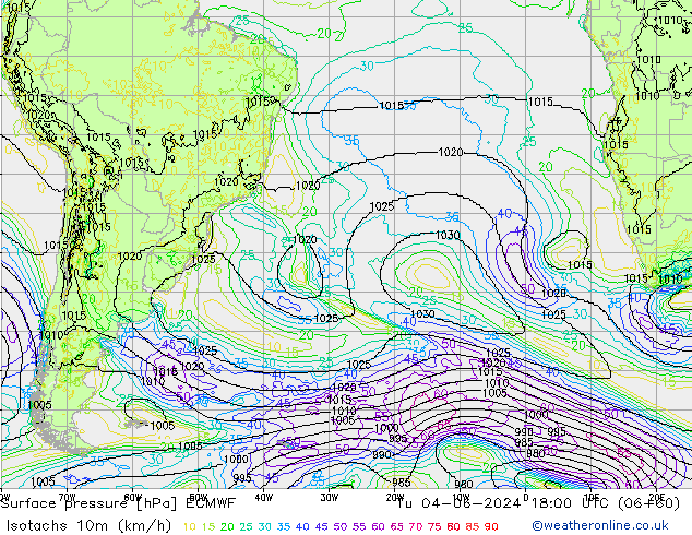 Isotachs (kph) ECMWF Tu 04.06.2024 18 UTC