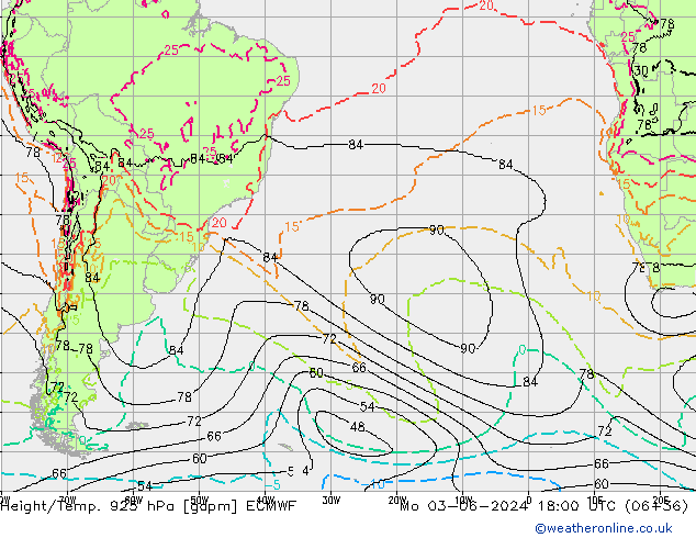 Height/Temp. 925 hPa ECMWF Mo 03.06.2024 18 UTC