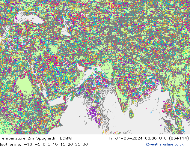 Temperature 2m Spaghetti ECMWF Pá 07.06.2024 00 UTC