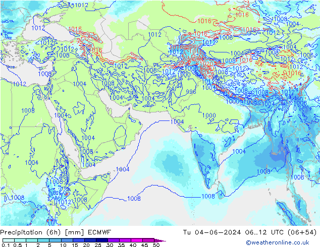 Precipitation (6h) ECMWF Tu 04.06.2024 12 UTC