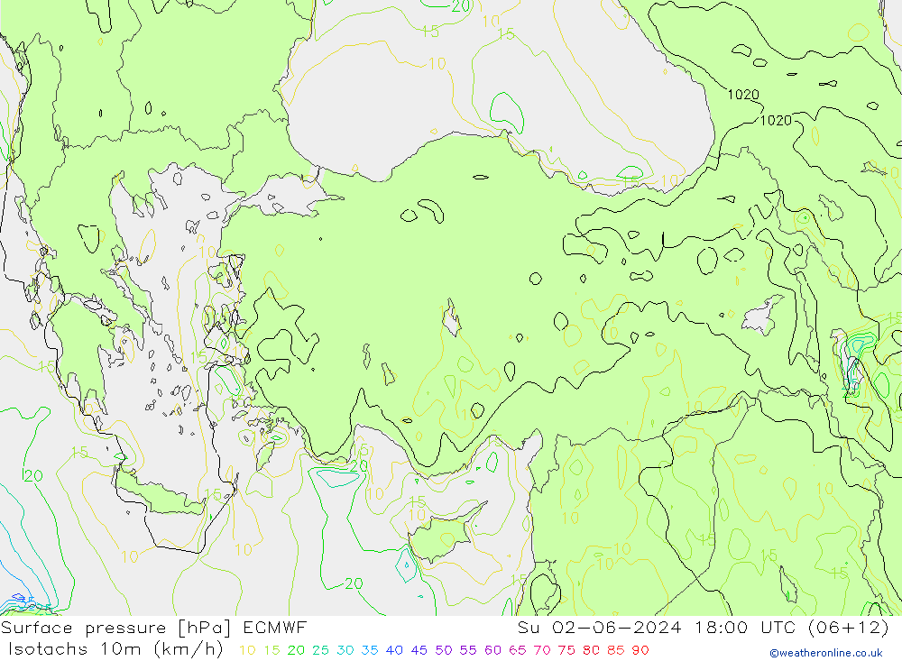 Izotacha (km/godz) ECMWF nie. 02.06.2024 18 UTC