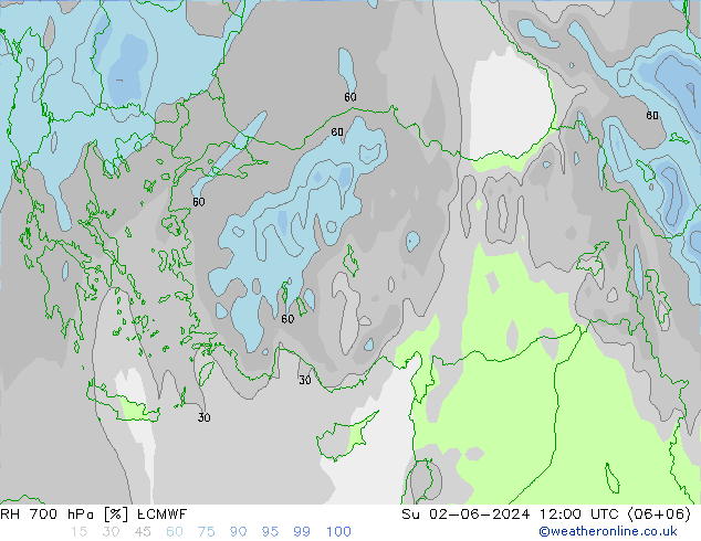 RH 700 hPa ECMWF nie. 02.06.2024 12 UTC