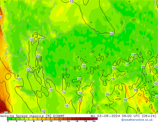 Isotachs Spread ECMWF lun 03.06.2024 06 UTC