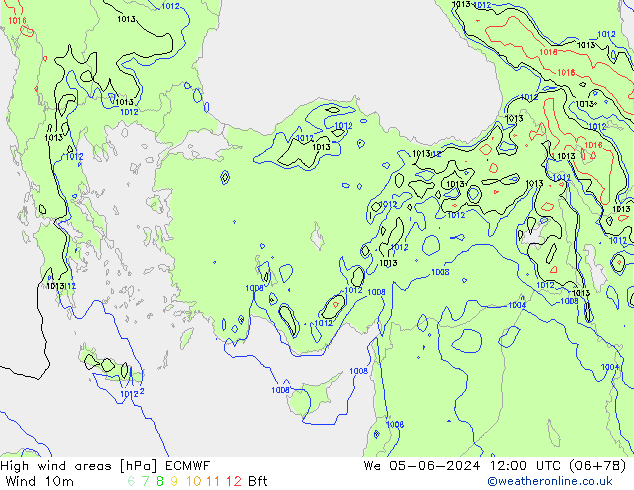 yüksek rüzgarlı alanlar ECMWF Çar 05.06.2024 12 UTC