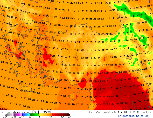 Temperature (2m) ECMWF Su 02.06.2024 18 UTC