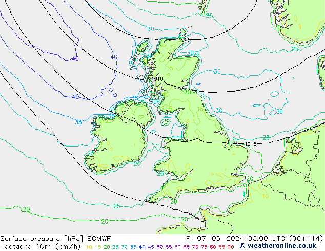 Isotaca (kph) ECMWF vie 07.06.2024 00 UTC