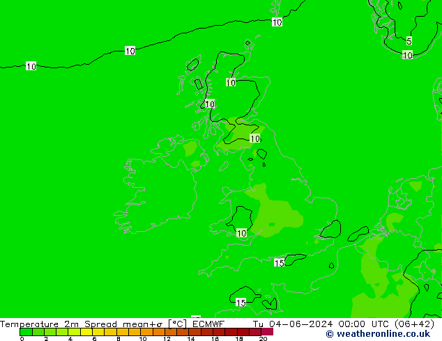 Temperature 2m Spread ECMWF Út 04.06.2024 00 UTC