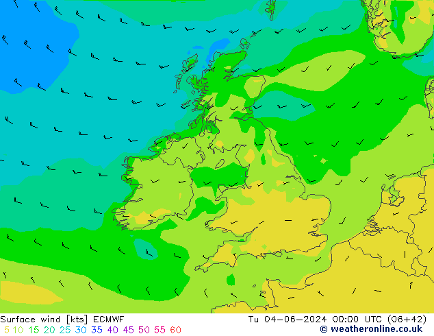 Surface wind ECMWF Tu 04.06.2024 00 UTC