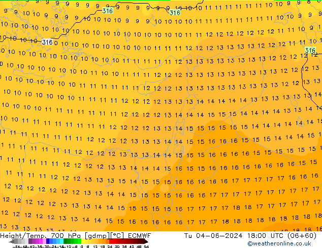 Height/Temp. 700 hPa ECMWF mar 04.06.2024 18 UTC