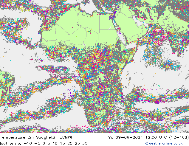 Temperature 2m Spaghetti ECMWF Ne 09.06.2024 12 UTC