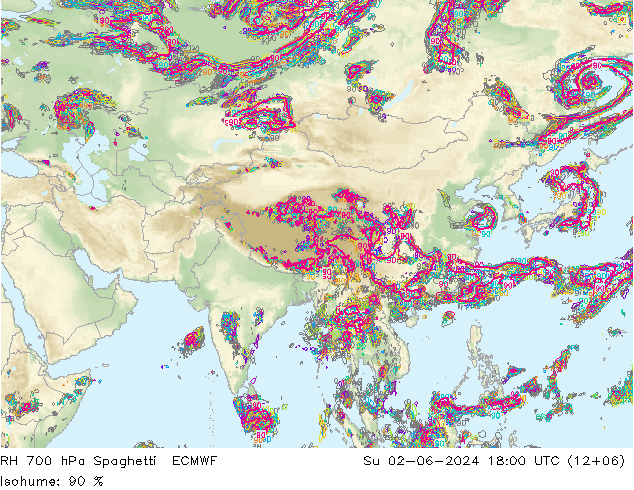 RH 700 hPa Spaghetti ECMWF nie. 02.06.2024 18 UTC