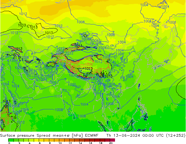 Atmosférický tlak Spread ECMWF Čt 13.06.2024 00 UTC