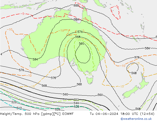 Height/Temp. 500 hPa ECMWF Tu 04.06.2024 18 UTC