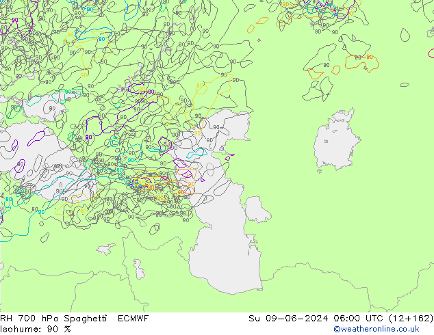 RH 700 hPa Spaghetti ECMWF Su 09.06.2024 06 UTC