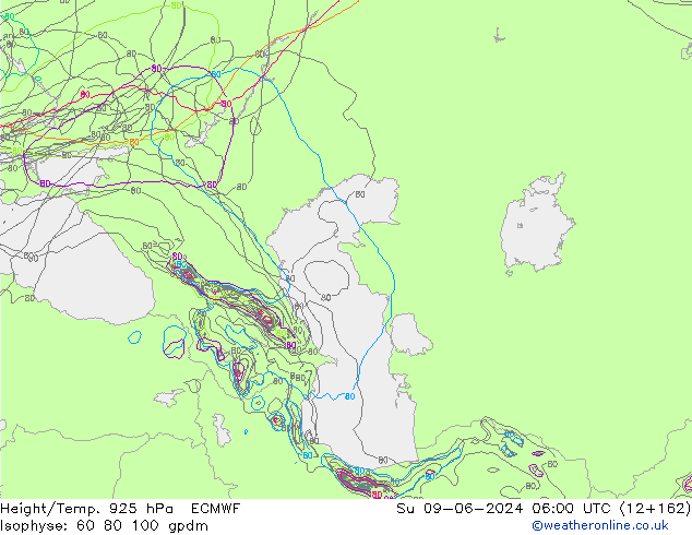 Yükseklik/Sıc. 925 hPa ECMWF Paz 09.06.2024 06 UTC