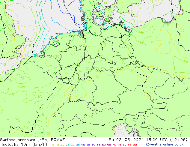 Isotachen (km/h) ECMWF So 02.06.2024 18 UTC