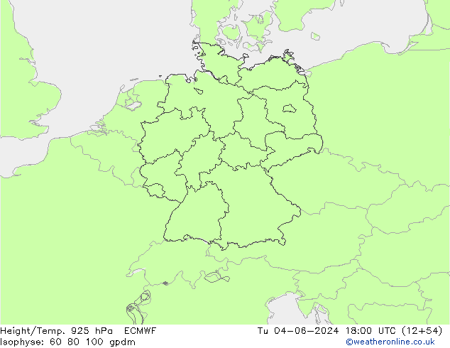 Height/Temp. 925 hPa ECMWF Tu 04.06.2024 18 UTC