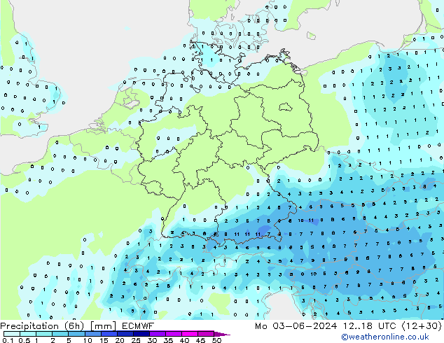 Precipitazione (6h) ECMWF lun 03.06.2024 18 UTC