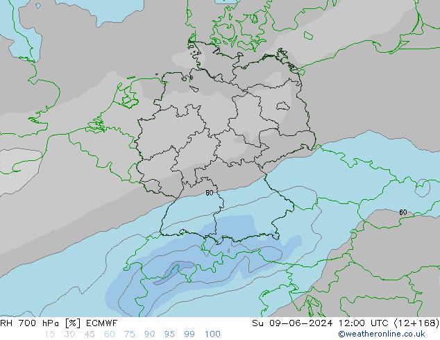 RH 700 hPa ECMWF Su 09.06.2024 12 UTC