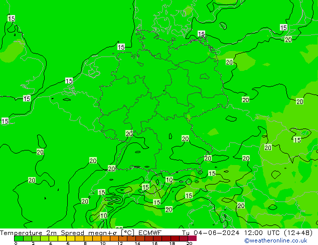 Temperatura 2m Spread ECMWF Ter 04.06.2024 12 UTC