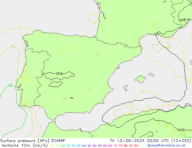 Izotacha (km/godz) ECMWF czw. 13.06.2024 00 UTC