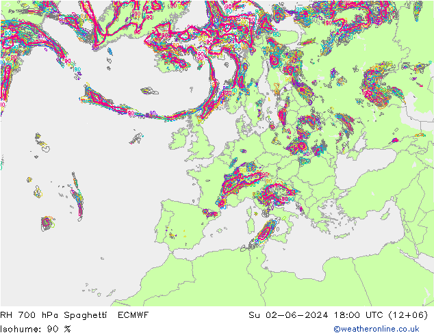 RH 700 hPa Spaghetti ECMWF  02.06.2024 18 UTC