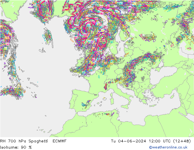 RH 700 hPa Spaghetti ECMWF Tu 04.06.2024 12 UTC