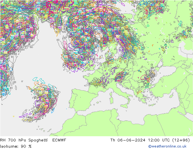 RH 700 hPa Spaghetti ECMWF Th 06.06.2024 12 UTC