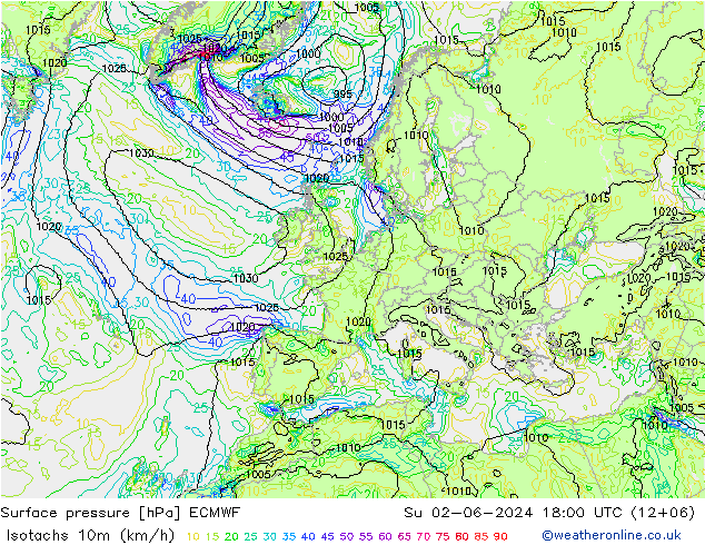 10米等风速线 (kph) ECMWF 星期日 02.06.2024 18 UTC