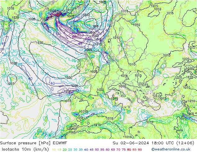 Isotachen (km/h) ECMWF zo 02.06.2024 18 UTC