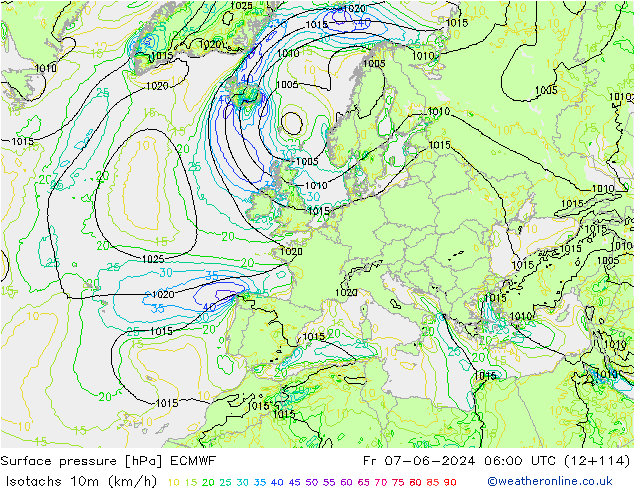 Isotachs (kph) ECMWF Pá 07.06.2024 06 UTC