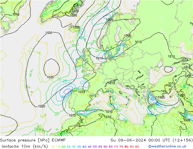 Izotacha (km/godz) ECMWF nie. 09.06.2024 00 UTC