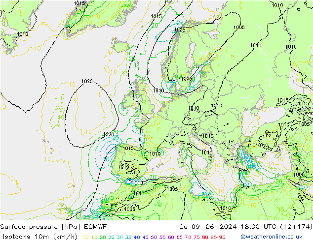 10米等风速线 (kph) ECMWF 星期日 09.06.2024 18 UTC