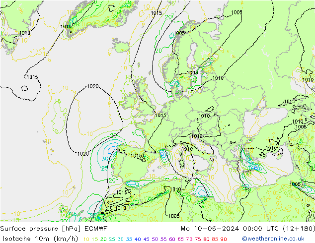 Isotachs (kph) ECMWF Mo 10.06.2024 00 UTC