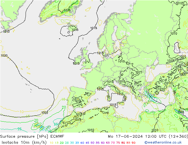 Isotachen (km/h) ECMWF ma 17.06.2024 12 UTC