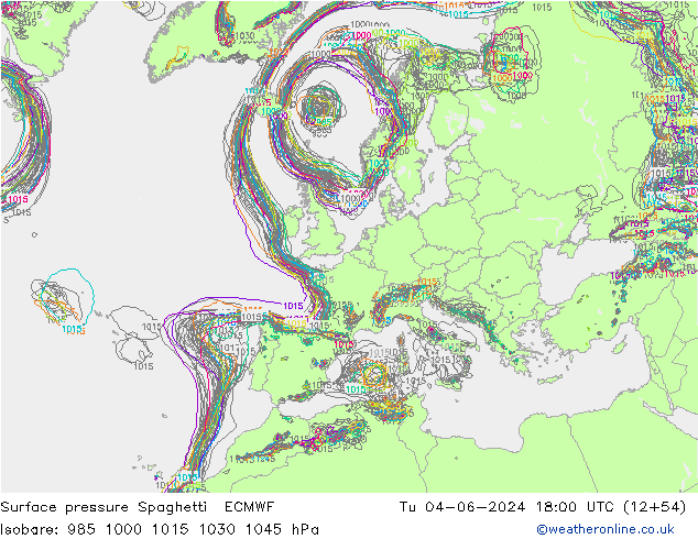 Surface pressure Spaghetti ECMWF Tu 04.06.2024 18 UTC