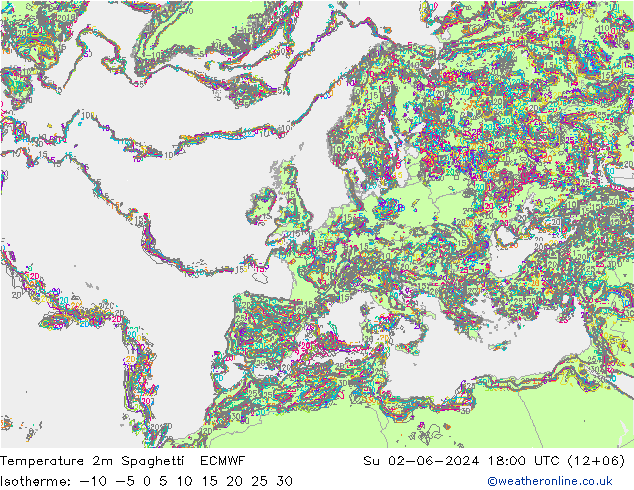 карта температуры Spaghetti ECMWF Вс 02.06.2024 18 UTC