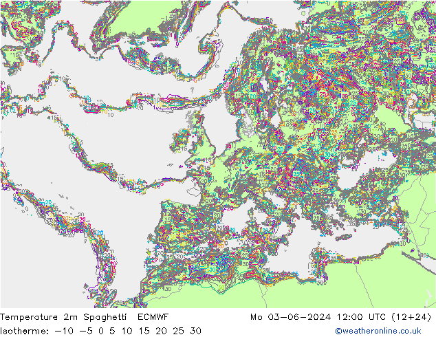 Temperatura 2m Spaghetti ECMWF lun 03.06.2024 12 UTC