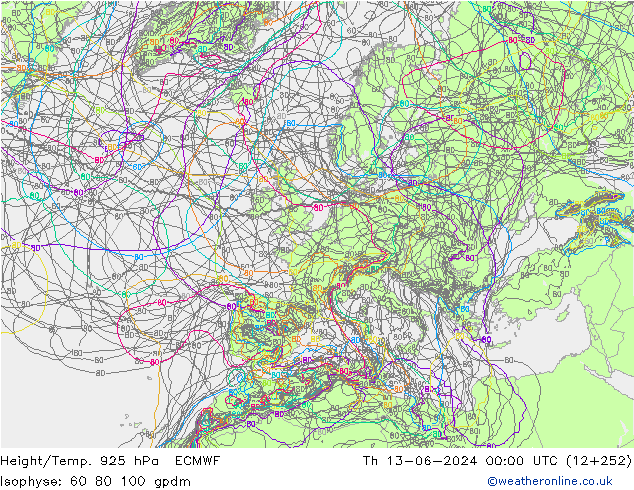 Height/Temp. 925 hPa ECMWF Čt 13.06.2024 00 UTC