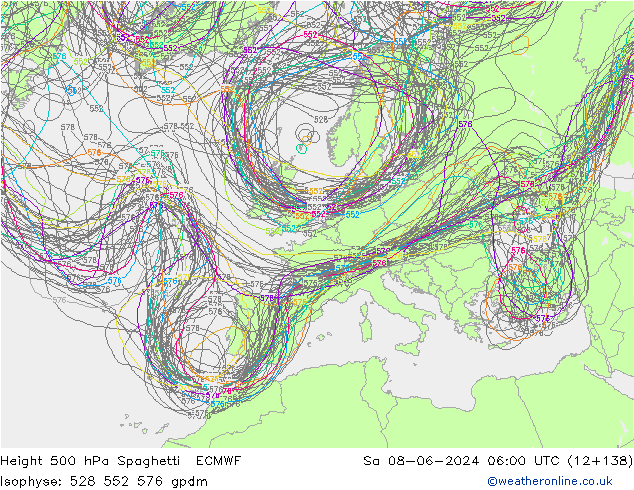 Height 500 hPa Spaghetti ECMWF so. 08.06.2024 06 UTC