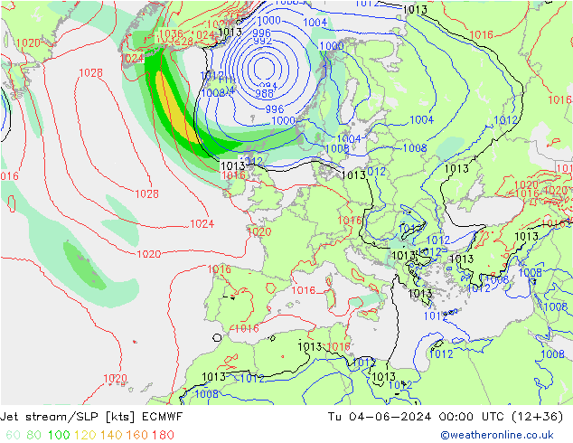 Jet stream/SLP ECMWF Tu 04.06.2024 00 UTC